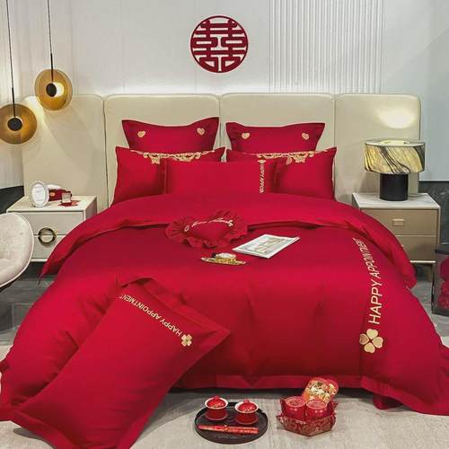 婚庆刺绣四件套大红喜被床上用品结婚被套新婚床品婚礼婚床六件套 - 图1
