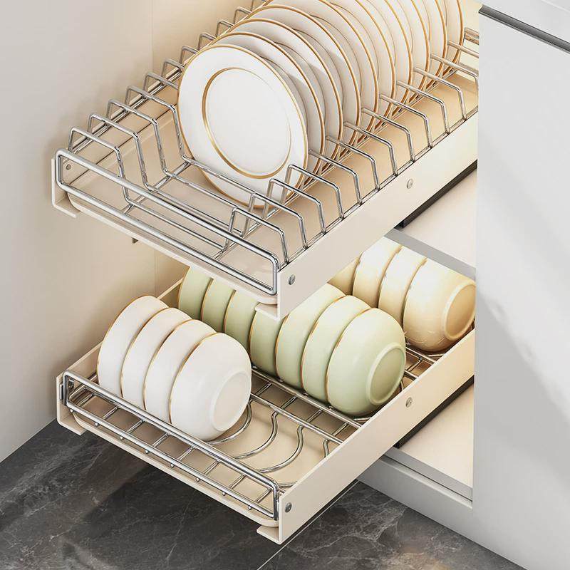 厨房抽拉碗碟收纳架不锈钢抽屉式拉篮橱柜内置物架新款碗盘沥水架,淘宝优惠券,粉丝福利购,淘宝优惠卷
