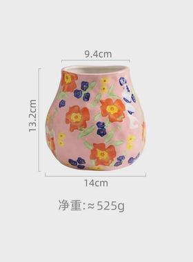 日式手绘手捏陶瓷花瓶复古风家居客厅装饰燕尾兰插花花瓶家居摆件