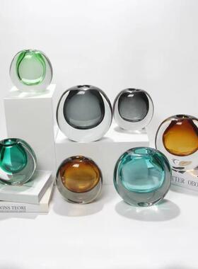 欧式简约透明玻璃花瓶摆件 创意轻奢客厅茶几圆型插花器家居装饰