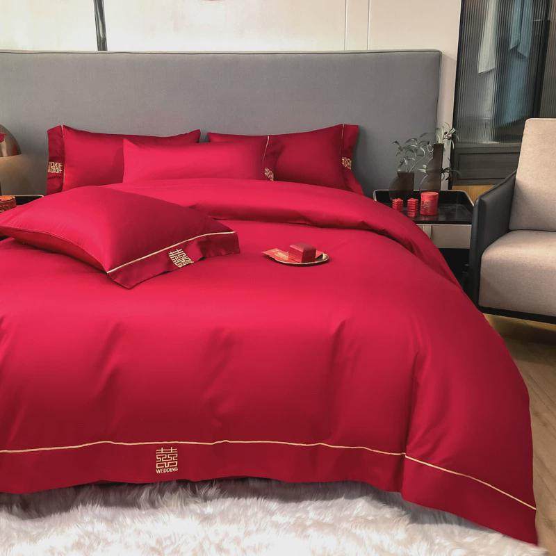 简约喜字刺绣婚庆四件套大红色结婚陪嫁被套床单新婚喜嫁床上用品,淘宝优惠券,粉丝福利购,淘宝优惠卷