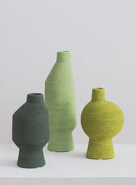 绿色拉丝陶瓷花瓶手工彩绘创意花器样板间客厅售楼处装饰摆件前台