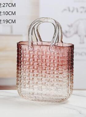 轻奢简约藤编包包玻璃花瓶气泡手提篮客厅餐桌插花干花水培装饰品