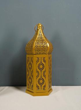 新品家居装饰镀金风灯镂空摩洛哥灯笼铁艺工艺品烛台道具