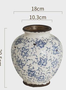 复古斑驳做旧青花瓷花瓶大陶瓷摆件创意客厅水养插花高级感新中式