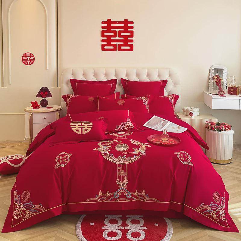 高档龙凤刺绣结婚四件套大红色被套棉喜婚房婚庆床上用品被,淘宝优惠券,粉丝福利购,淘宝优惠卷