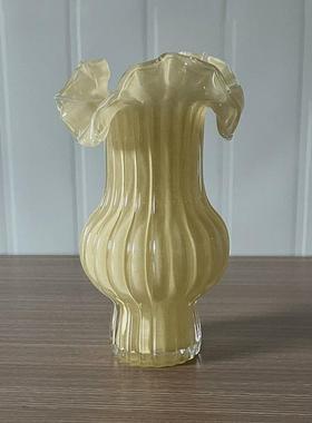 法式百褶花瓶温柔紫装饰摆件客厅芬高级感复古中古插花顿玻璃花器