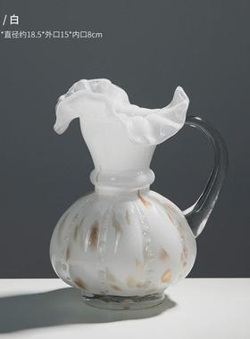 美式简约褶皱花边玻璃花瓶复古壶插花餐桌摆件花艺礼品花器装饰品