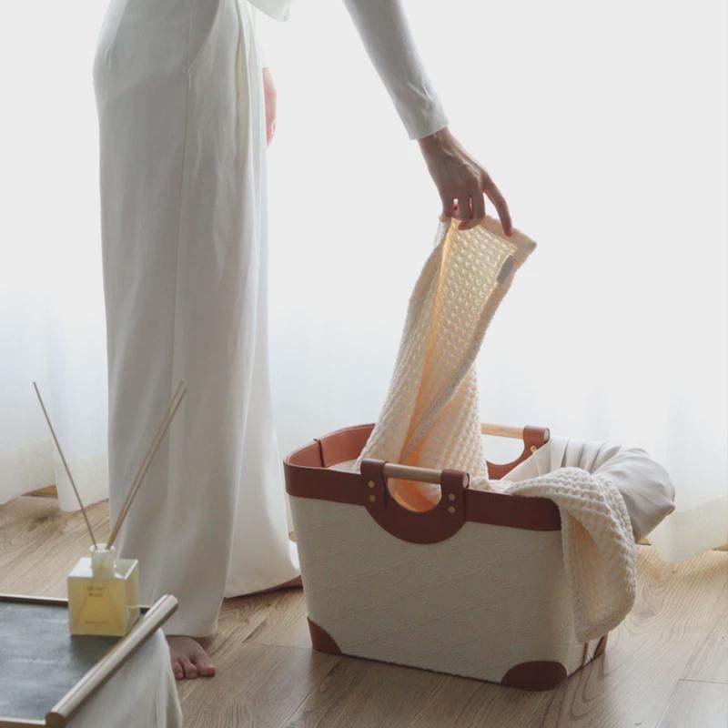 高级白珍珠浮雕皮革实木把手收纳篮高颜值脏衣收纳筐家用浴室置物,淘宝优惠券,粉丝福利购,淘宝优惠卷