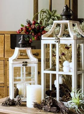 北欧复古木质烛台风灯玻璃金属铁艺蜡烛台花园工艺品摆件拍摄道具