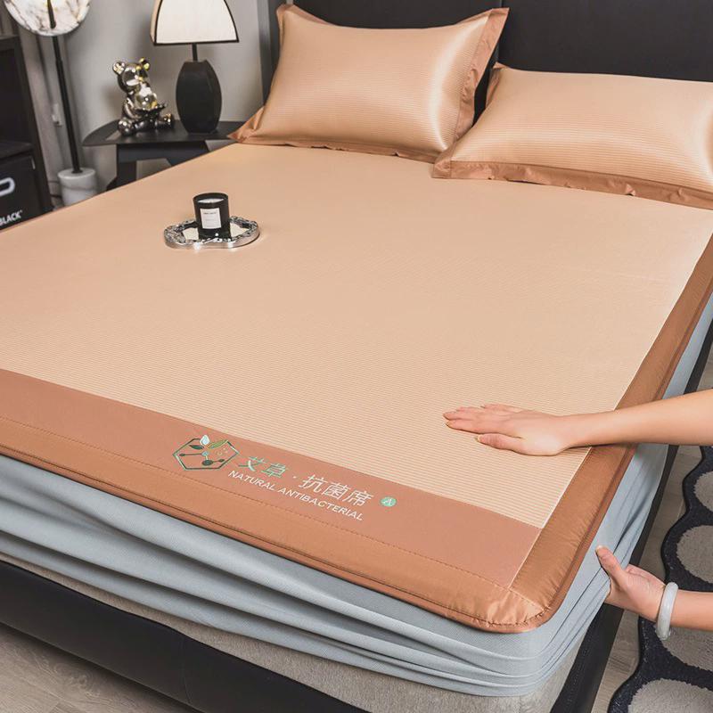 艾草凉席床笠款夏季冰丝席夏天冰藤席1米5草席子可折叠家用三件套 - 图0