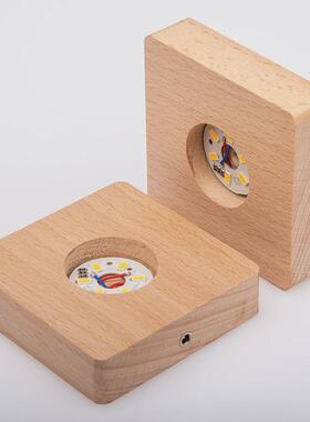 实木发光水晶球方体底座七彩光圆形灯座USB插口触摸充电木底座