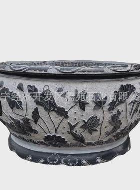 青石水缸圆形鱼缸仿古圆缸中式庭院养鱼水缸鱼缸石雕荷花石缸