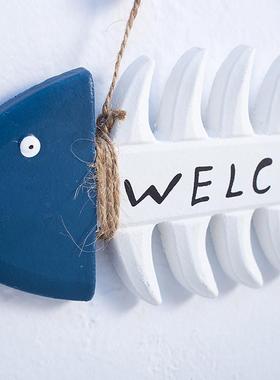 地中海创意木制鱼骨欢迎牌 海洋挂饰工艺品装饰 照片墙搭档