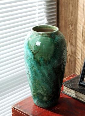 新中式浅绿简约粗陶花器装饰品景德镇软装陶瓷花瓶创意工艺品摆设