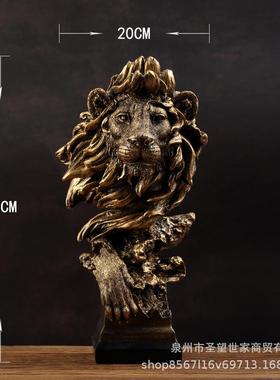 美式仿铜狮子酒柜复古动物树脂工艺品摆件玄关办公室头像软装装饰