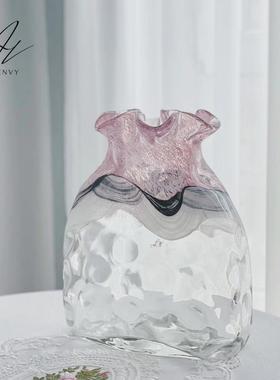 北欧粉色水墨山水冰裂卧室手工玻璃花瓶样板房客厅餐桌渐变插花器