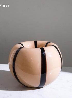 北欧设计感花瓶中古风ins风小众琉璃花瓶黑色条纹高级感花器插花