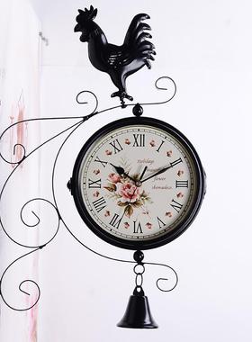 欧式双面创意挂钟家居客厅钟表复古钟铁艺挂饰工艺品静音田园
