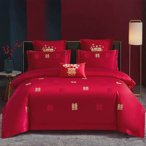 结婚四件套婚庆婚房喜被大红色龙凤刺绣被套被单婚礼床单床上用品 - 图3