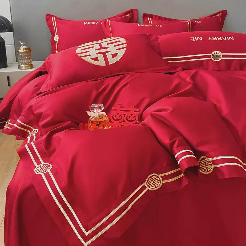 q683刺绣婚庆奢华四件套大红色床单被套纯棉结婚喜庆床上,淘宝优惠券,粉丝福利购,淘宝优惠卷