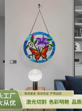 圆形蝴蝶彩色金属工艺品窗户挂件彩绘铁艺墙壁装饰客厅挂饰