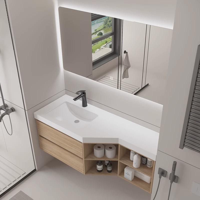 原木色岩板陶瓷盆浴室柜组合斜切角窄异形卫生间洗脸洗手池洗漱台 - 图2