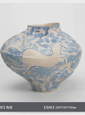 中古风手绘梦马陶瓷花瓶家居样板间青花插花器玄关餐桌装饰品摆件