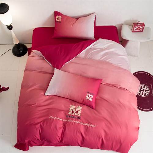 结婚床上用品四件套婚庆红色婚房新婚被床单被套被单婚礼渐变色喜 - 图0