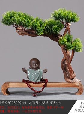 木头新中式工艺品创意木制装饰禅意小和尚摆件客厅玄关茶几迎客松