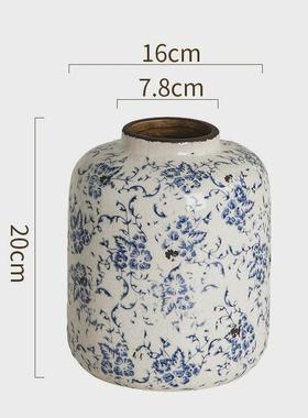 复古斑驳做旧青花瓷花瓶大陶瓷摆件创意客厅水养插花高级感新中式