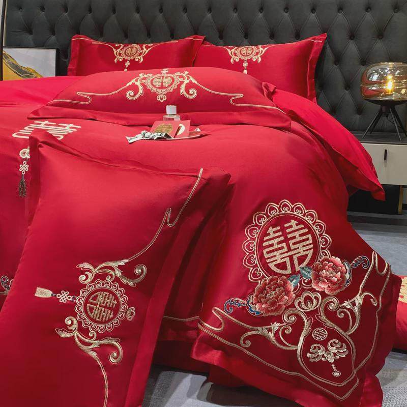 大红色刺绣100支婚庆床上四件套简约喜庆结婚新婚喜被婚房床笠款,淘宝优惠券,粉丝福利购,淘宝优惠卷