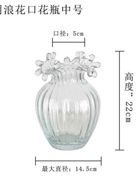 欧式创意波浪插花花瓶摆件客厅口水养玫瑰玻璃透明大肚花瓶花器