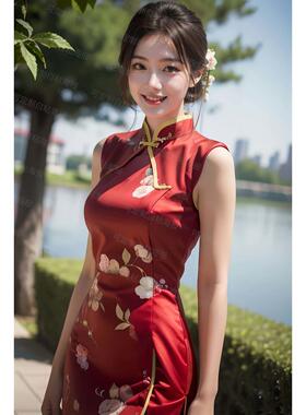 新款红色旗袍美女自粘贴