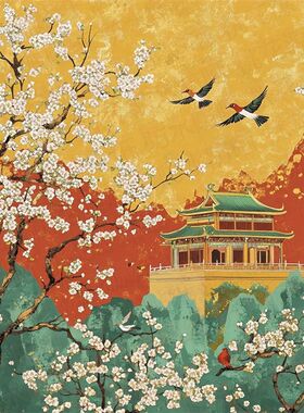 古风庭院山景壁纸墙贴纸