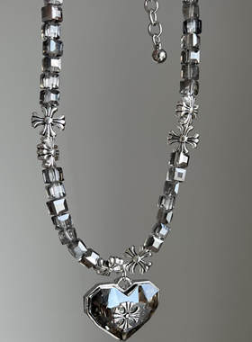 B.treasure 爱心水晶项链小众饰品中古饰品Vintage复古项链毛衣链