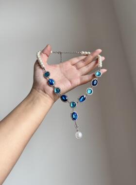 B.treasure复古宫廷风蓝宝珍珠项链女小众设计轻奢镶钻V型锁骨链