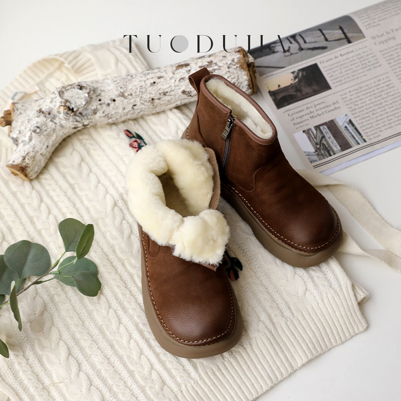 脱毒家 纯羊毛加厚保暖棉靴森系低跟女鞋真皮复古时尚雪地靴冬新,淘宝优惠券,粉丝福利购,淘宝优惠卷