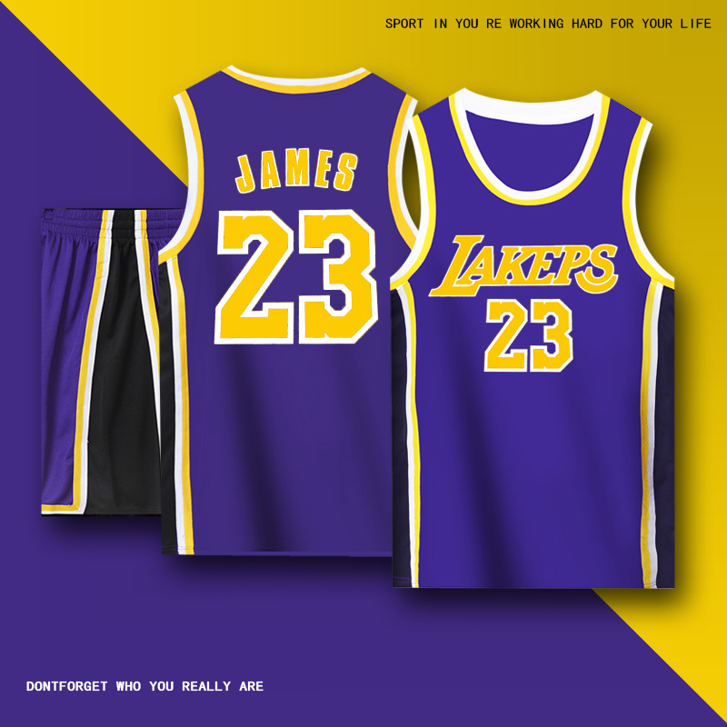 湖人队篮球服套装24号8科比23詹姆斯比赛球衣白紫黄色定制有儿童-图3