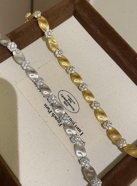 S925纯银豪镶拉丝缎带手链中古vintage轻奢高级绸锻花朵晶钻手饰