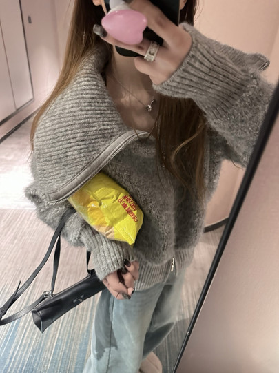 700克 泡菜国加厚圈圈毛羊毛大翻领双拉头拉链针织开衫毛衣外套
