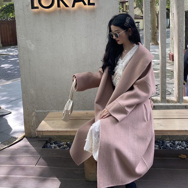 Rose double-faced wool bathrobe style above-the-knee wool coat