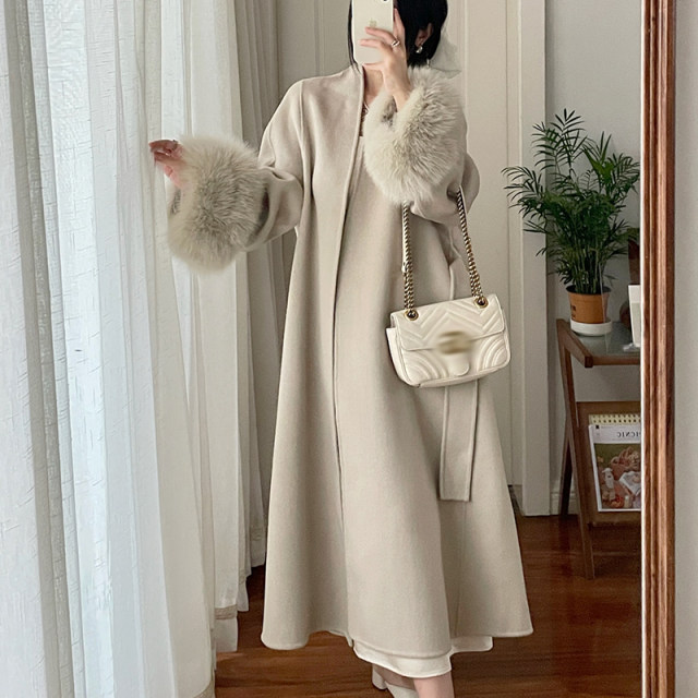 狐狸毛袖口双面羊毛呢子手工大衣女新款气质中长款高级感羊绒外套