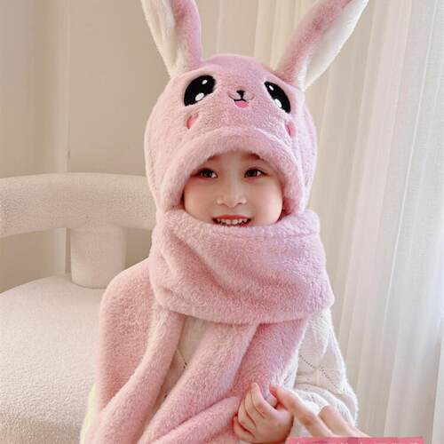 儿童帽子围巾手套一体2025冬季新款亲子保暖可爱会动兔耳朵男女童 - 图0