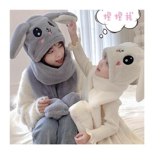 儿童帽子围巾手套一体2025冬季新款亲子保暖可爱会动兔耳朵男女童 - 图3