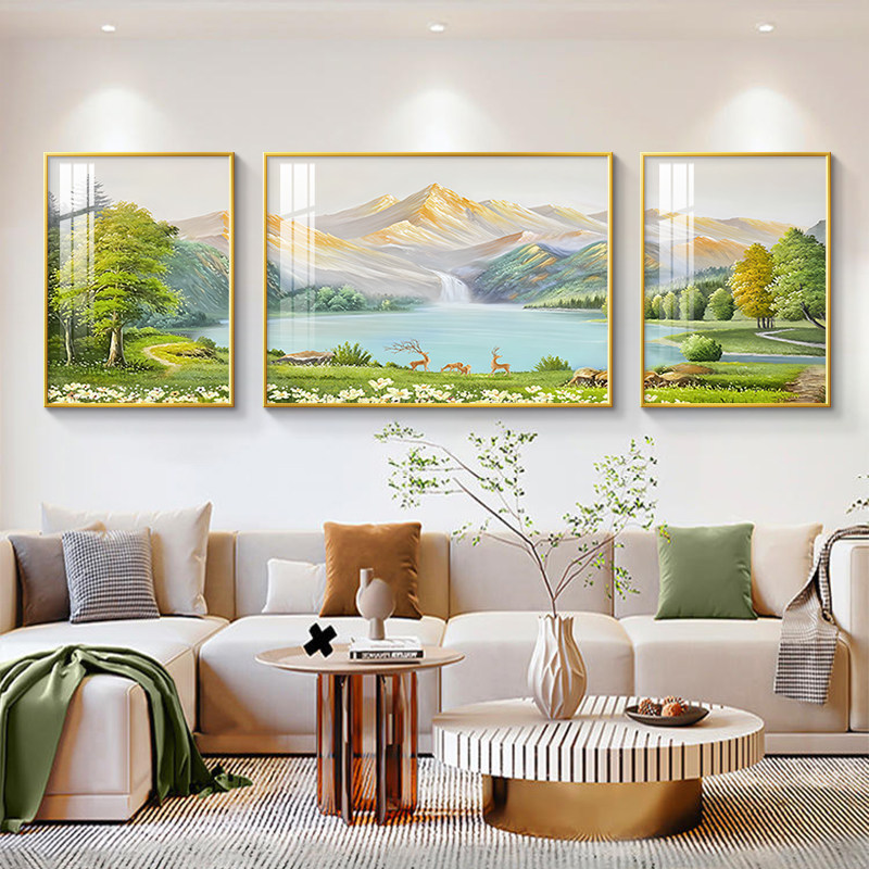聚宝盆客厅装饰画轻奢高级感沙发背景墙挂画西墙聚财山水三联壁画