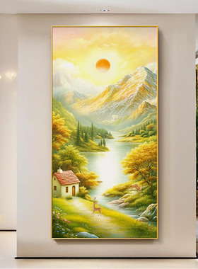 旭日东升进门玄关装饰画纯手绘风景油画东墙日出东方森林挂画