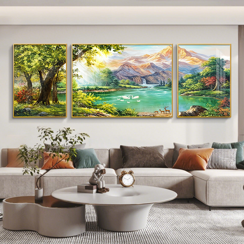 聚宝盆客厅装饰画轻奢高级感沙发背景墙挂画高档聚财山水三联壁画