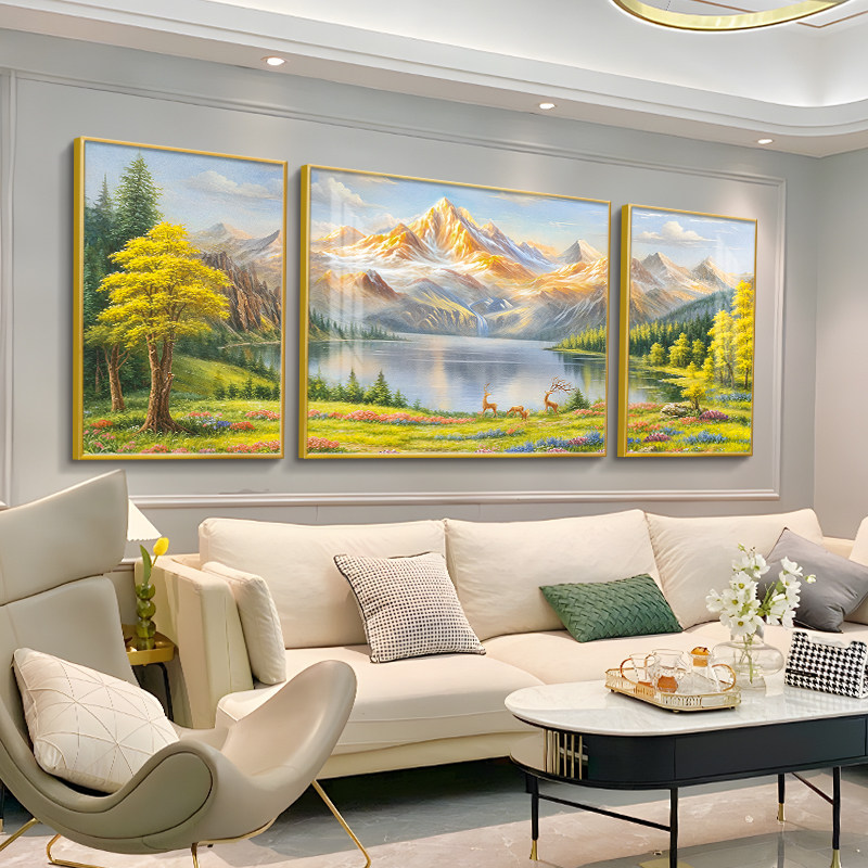 聚宝盆客厅装饰画轻奢高级感沙发背景墙挂画高档聚财山水三联壁画