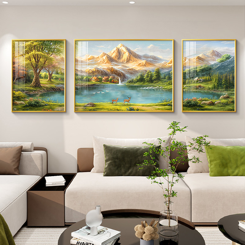 聚宝盆客厅装饰画轻奢高级感沙发背景墙挂画西墙聚财山水三联壁画